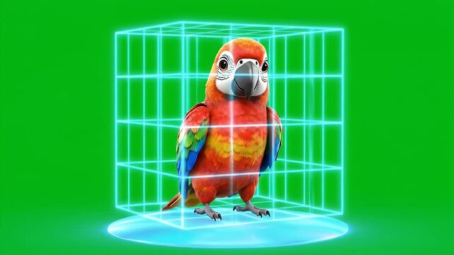A Cute Red And Yellow Macaw Parrot Trapped Inside A Glowing Blue Neon Wireframe Cube On A Vibrant Green Screen Background With A