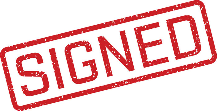 Red rubber stamp with the word 'signed' in bold capitals