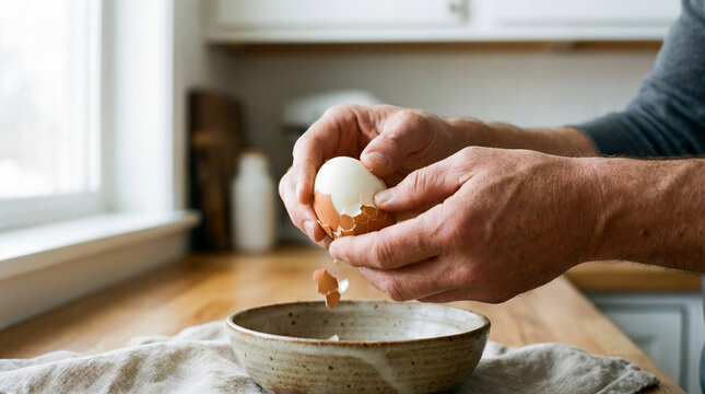 Close-up of hands peeling a hard-boiled egg. Soft natural side lighting, clean kitchen environment