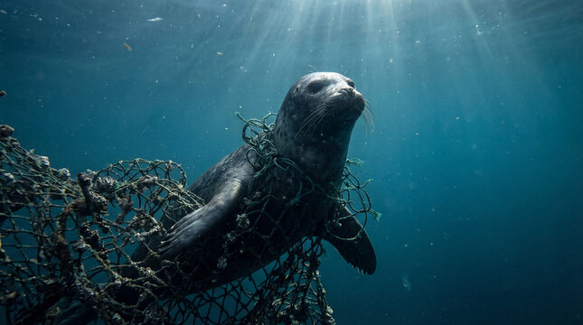 A seal partially entangled in a large abandoned fishing net underwater