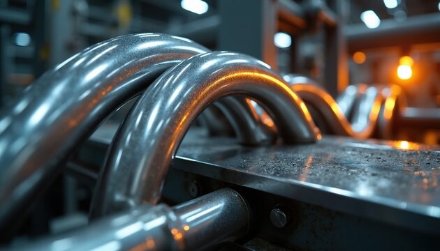 Metal pipes undergo precise bending process in automated factory. Industrial machinery shapes tubes with accuracy. Modern manufacturing tech shapes steel for custom parts in workshop.