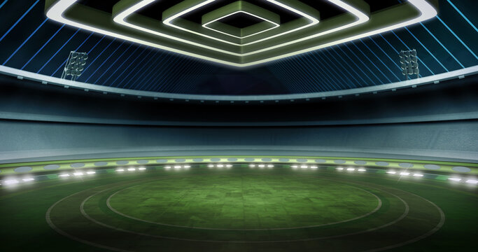 Soccer event, virtual studio background. Game concept stage backdrop, Ideal for football news, live tv shows, or sport product commercials. A 3D rendering template, suitable on green screen VR sets