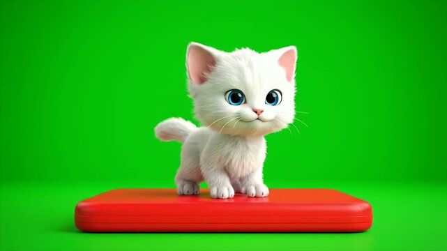 A Fluffy White Kitten with Big Blue Eyes Stands on a Red Platform Against a Vibrant Green Screen Background in a Studio Setting