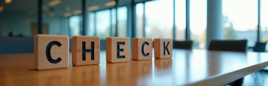 Wooden alphabet blocks spell CHECK on a polished table in an office. Natural light creates soft shadows on the wood surfaces. Business meeting or decision making concept.