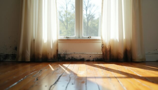 Dark mold grows on baseboard and curtains by window. Sunlight shines on wood floor revealing signs of room moisture and home damage. Need repair.
