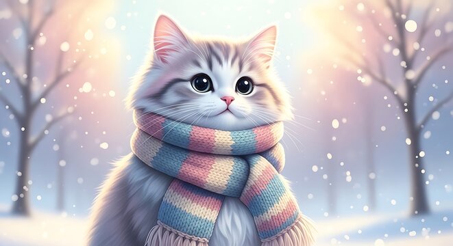 Cute cat in colorful striped scarf, winter scene, snowflakes, feline portrait, snowy landscape