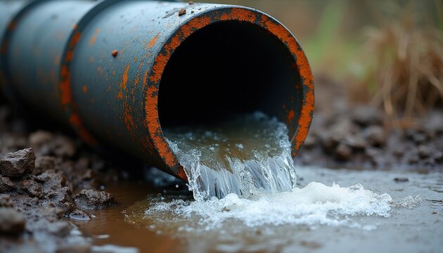 Large diameter pipe discharges murky water onto muddy ground. Dirty liquid flows out of the conduit, creating foam. Drainage system overflow or wastewater discharge is visible.