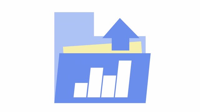 Blue folder icon with bar chart and upward arrow for data uploading symbol in a cartoon animation. Flat design business analytics report and digital statistic file upload process in the alpha channel.