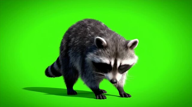 A Highly Detailed 3D Render of a North American Raccoon (Procyon lotor) Walking Confidently on a Vibrant Green Screen Background