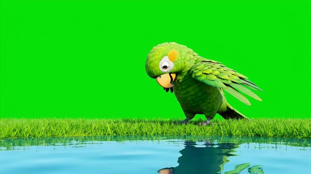 A Lush Green Parrot With Bright Eyes Stands On A Lush Green Field Near A Calm Blue Water Reflection Under Soft Natural Lighting A