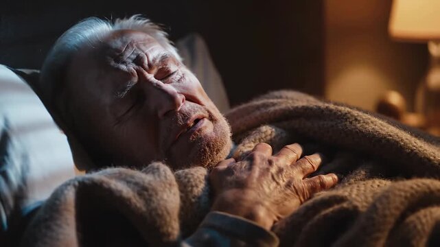 Elderly Man In Bed Displays Signs Of Discomfort, In A Series Of Frames
