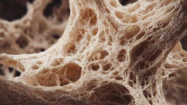 Cancellous bone structure showing a detailed healthy inner matrix with porous material, representing osteon tissue and calcium components essential for skeletal health