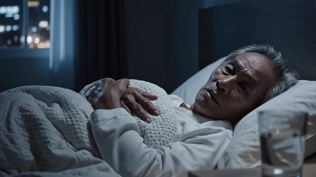 Elderly Man In Bed, Awakened By Thoughts, Struggling To Find Rest At Night