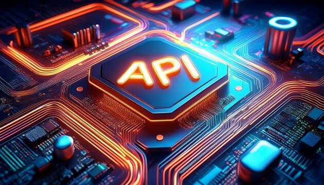 close up of a glowing api chip on a circuit board with neon lights keywords api application programming interface technology computer chip