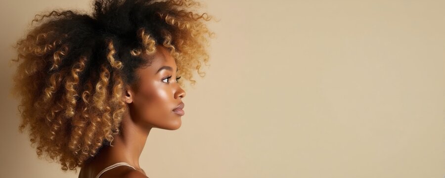 Black woman profile portrait. Natural coily hair styled outwards voluminous, blonde highlights. Neutral backdrop, subtle makeup, radiant skin. Beauty, confidence.