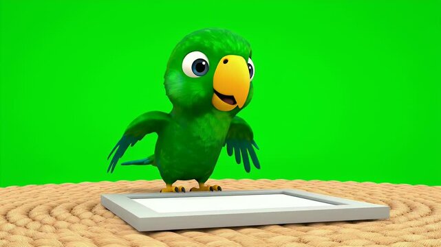 A small adorable fluffy green parrot with big blue eyes and a yellow beak stands on a sandy surface looking curiously at a blank