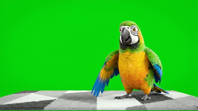 A vibrantly colored blue and yellow macaw parrot stands on a textured surface against a solid green screen background its beak is