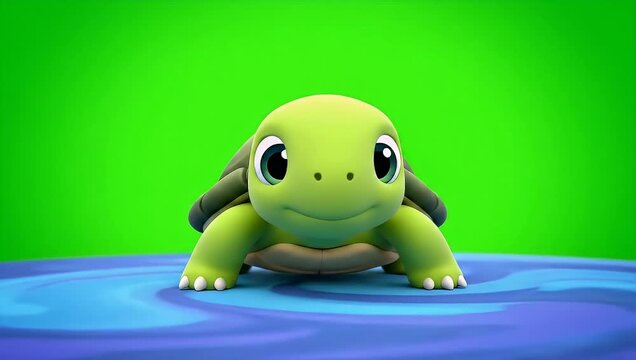 Adorable 3D animated baby turtle with big eyes and a friendly smile stands on a swirling blue water surface against a vibrant