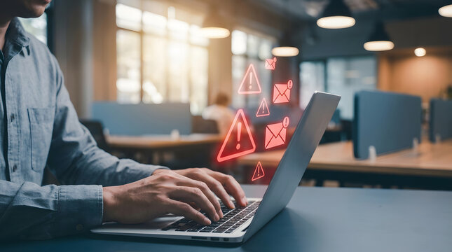 Person typing on a laptop with red cyber alert icons floating above the screen. Concept of malware warning, phishing risk, and online threat detection