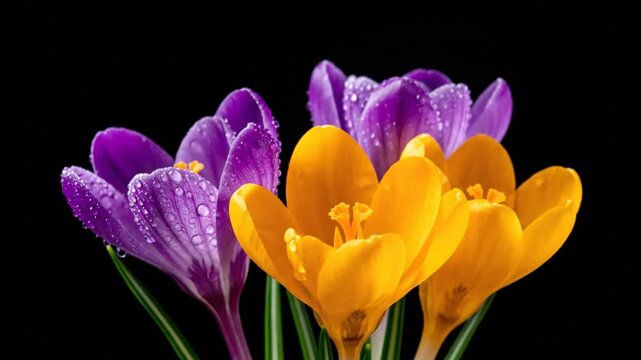 Close up view of wet purple and yellow crocus flowers with green stems in front of a dark background