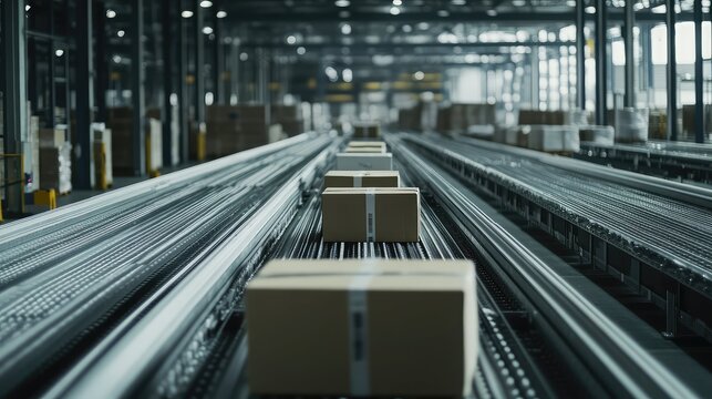 Cardboard boxes moving on automated warehouse conveyor belt system