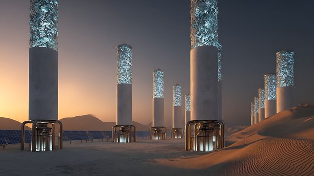 direct air capture (DAC) industrial installation in desert landscape at dusk, showing CO2 absorption towers in symmetrical row. Each tower is a 30m tall textured white concrete
