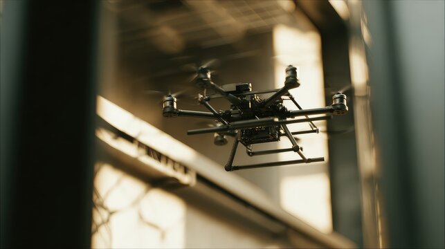 Professional drone flying in urban environment with blurred background