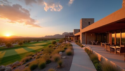 Fototapeta premium Modern home with patio overlooks desert golf course at sunset. Buildings have stone walls and wood accents. Warm light reflects off glass windows.