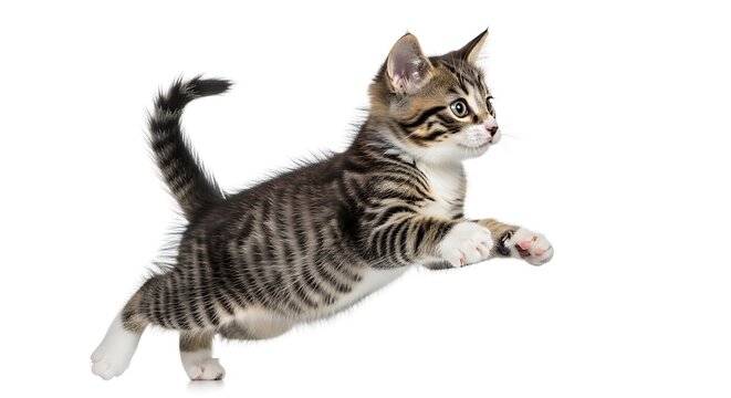 Playful tabby kitten, cat in motion, jumping feline, isolated on white