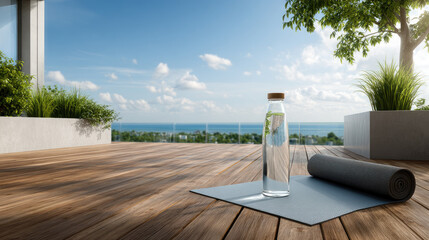 Obraz premium Glass of water and a rolled yoga mat on a modern rooftop terrace overlooking a city skyline, promoting wellness, hydration, and a healthy summer lifestyle