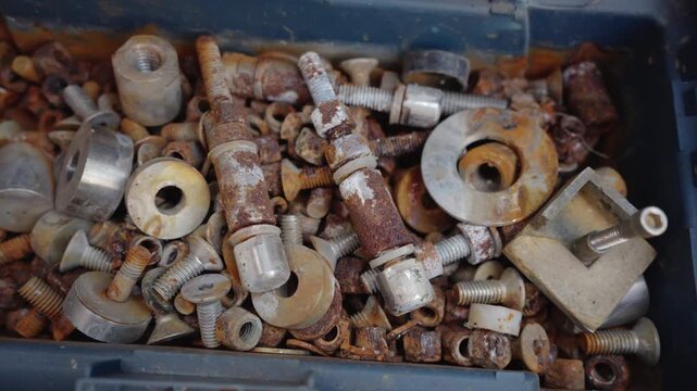 A close-up captures a detailed assortment of metal hardware. A collection of diverse sizes, shapes, and rust-covered surfaces inside a rugged toolbox.