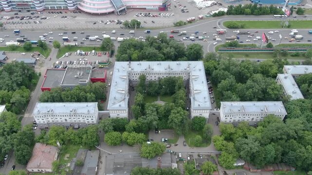 Aerial pullback revealing urban area in Khimki