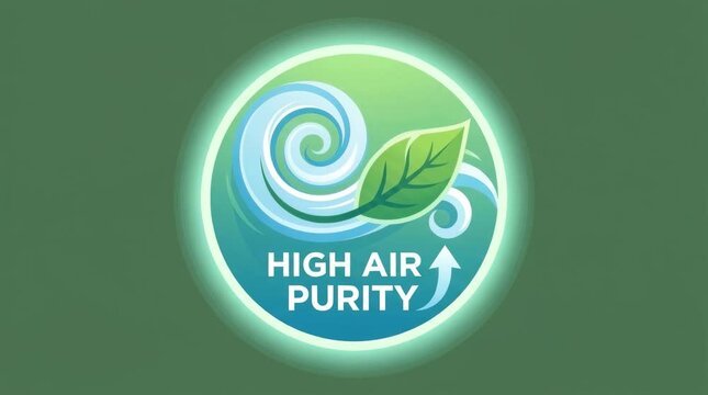 Circular high air purity emblem in a graphic 3D style, green and teal colors, representing allergen filtration and relief for pollen allergy sufferers.