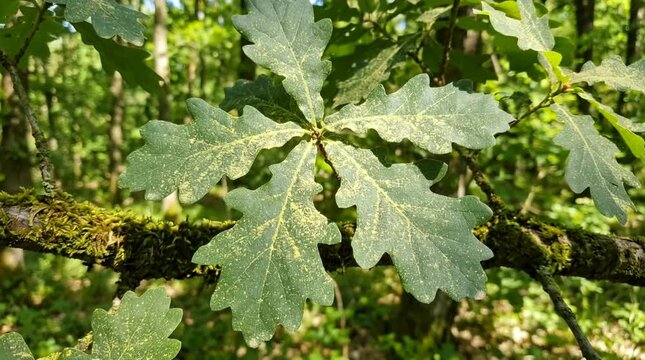 Oak tree leaves covered in yellow pollen dust representing seasonal spring allergies