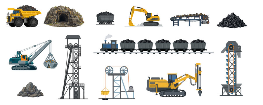 Collection of mining equipment and resources for industrial extraction and transport