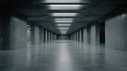 Naklejka premium Empty concrete hall with a polished floor, illuminated by rectangular overhead lights, creating a clean, minimalist space that suggests a warehouse, garage, or industrial interior