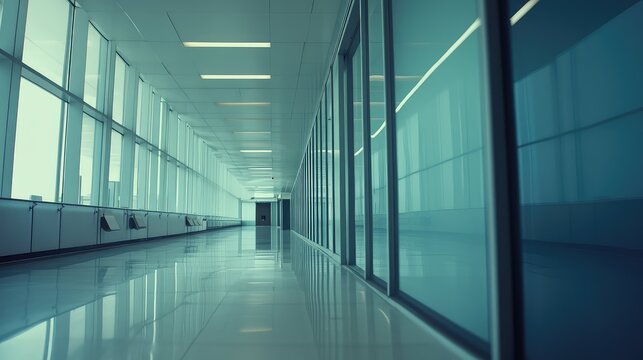 Modern architectural corridor with sleek glass walls and reflective surfaces creating bright, minimalist depth and symmetry in a spacious, professional office interior