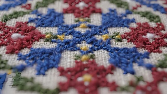 Closeup of intricate traditional crossstitch embroidery pattern detail.