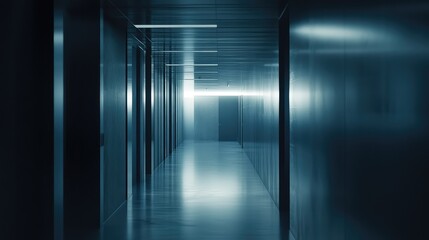 Naklejka premium Long, empty hallway in modern office building with illuminated linear lights, creating abstract perspective and a sense of progress, technology, and success