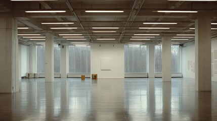 Naklejka premium Spacious contemporary art gallery interior with minimalist design, high strip lighting, concrete columns, large windows and polished reflective concrete floors, bright and serene