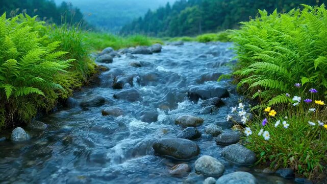 Crystal clear mountain stream rushes over rounded rocks surrounded by lush green ferns and wildflowers in a misty forest landscape.