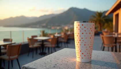 Obraz premium White tumbler with orange dots rests on bar counter. Outdoor cafe tables sit near ocean and mountains. Sunset light warms scenic waterfront setting.