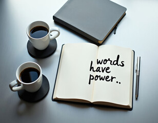 Obraz premium Open notebook with handwritten quote words have power beside coffee cups and pen. A closed journal lies nearby on a desk surface. Minimalist composition.