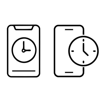 Screen time limit outline icon set with clock on smartphones, black line symbols for digital wellbeing and mobile usage management