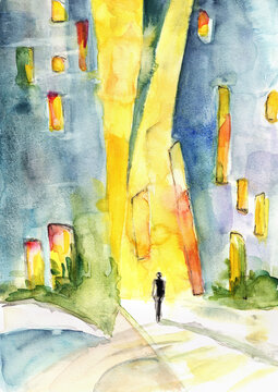 Abstract Light Passage in Urban Space with Lone Figure, Emotional Journey Scene, hand painted watercolor