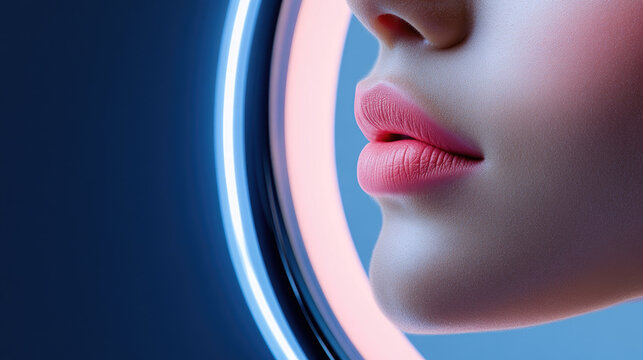 Woman focusing on an interactive screen, utilizing cutting edge beauty tech for AR makeup testing and advanced skin analysis, reflecting modern vanity setups