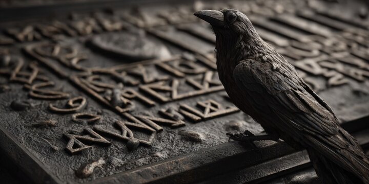 Mythological Ravens Hugin and Munin with Runic Script Illustration