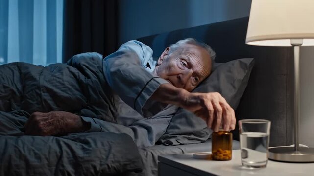 Elderly Man Struggles With Insomnia As He Attempts To Take Medication In Bed
