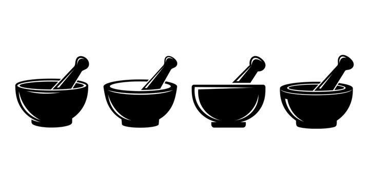 Set of Mortar and Pestle Silhouettes &ndash; Kitchen Utensil Icon Collection in Black Vector
