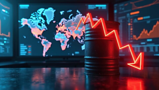 Black oil barrel sits on table with red neon arrow pointing down. Digital world map and stock charts display on screens behind it. Economic forecast shows market decline.